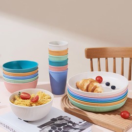 18pcs Wheat Straw Dinnerware Sets, HXYPN Unbreakable Reusable Dinnerware Set Kitchen Cups Plates and Bowls Sets Dishwasher Microwave Safe Plates