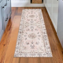 Lahome Machine Washable 2x6 Runner Rug with Rubber Backing,Soft Floral Pink Runners for Nursery, Girl and Kids,Boho Ultra-Thin Non-Slip Rugs for Bathroom Bedroom Kitchen Hallway Laundry Entryway