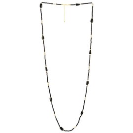 COOLSTEELANDBEYOND Long Beaded Layered Necklace, Black Gold Bead, Boho Minimalist Strands Necklace, Statement Necklace, Synthetic pearl, No Gemstone