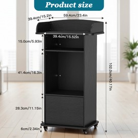 Qriocioa Podium Stand with Metal Wheels Wooden Lectern Podium Stand Portable Pulpit Standing with Storage Mobile Reception Podiums Desk for Church Office School Conference Restaurant Meeting, Black