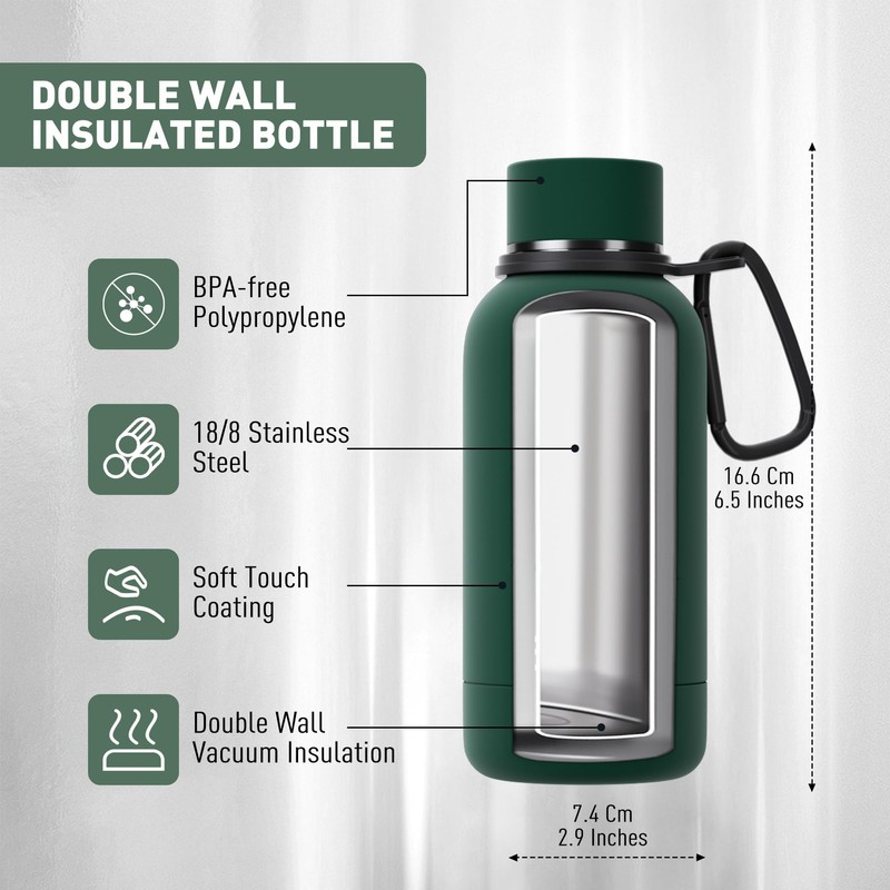 Exllena Small Water Bottle 12oz with Clip, Double Wall Stainless