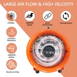 FICBXRA Utility Blower Fan 12 Inch Portable Axial Exhaust Fan 790W/7A 2300CFM High Velocity Ventilator with 16FT Duct Hose for Exhausting & Ventilating at Home and Job Site