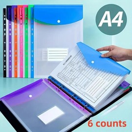 A4 Clear File Folder, 6 Counts/set High Capacity File Bag with 11 Holes Binding Ring, Portable Design File Storage Bag for School, Home, Office, Paper Organizers, Office Supplies:_Multicolor_Horizontal-6 Counts