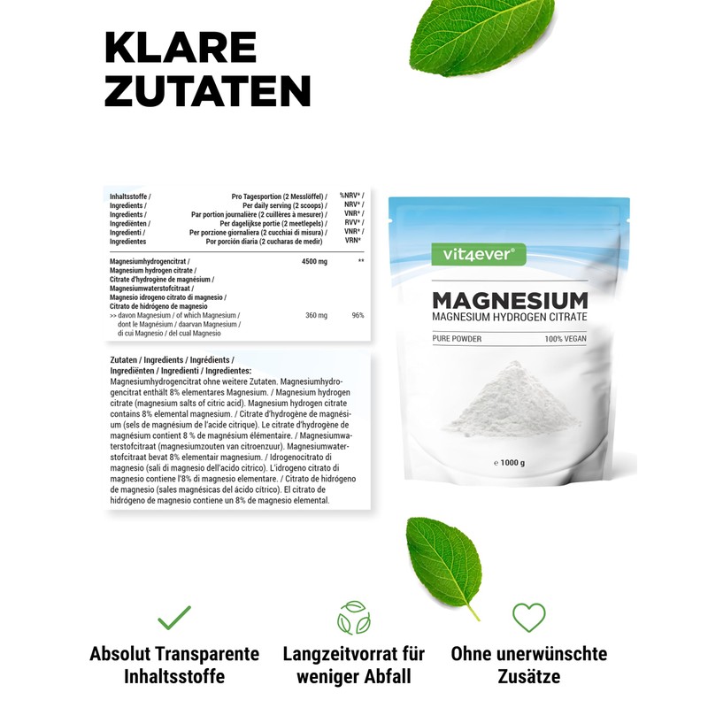 Vit4ever Magnesium Pulver - 1000g - Gute L?slichkeit - Reines