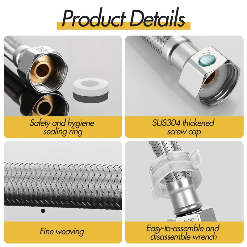 2Pcs Stainless Steel Flexi Pipes, with 2 Plastic Knobs Flexible