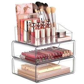 Vtopmart Organizador de maquillaje de 3 niveles transparente con cajón, almacenamiento de cosméticos para cómoda, encimera y tocador de baño, soporte 