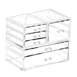 Cq acrylic 2 Pack Clear Stackable Storage Drawers for Vanity,Stackable 6 Drawers Desktop Organizer With Drawers,Cute Desk Storage for Office,Jewelry,Hair Clip,Beauty,Skincare and Make Up Organizers