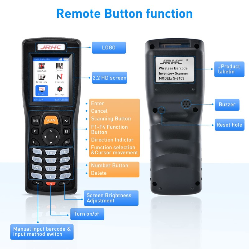 JRHC Inventory Barcode Scanner, Wireless Barcode Scanner 1D 2D &