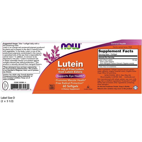 NOW Foods Lutein 10mg, 60 Softgels
