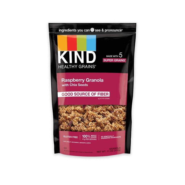KIND HEALTHY GRAINS Granola, Healthy Snack, Raspberry Granola with Chia Seeds, Snack Mix 11 OZ (6 Pack)