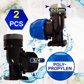 2 x Screw Connection Diameter 25 mm x 3/4 Inch Angle 90° with Wall Bracket and Internal Thread Reinforced with Galvanised Steel Ring Made of Polypropylene PP Fitting for Connecting Polyethylene PE