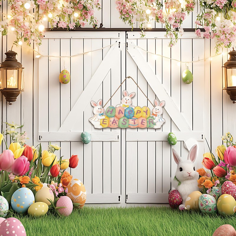 Happy Easter Wooden Hanging Sign, Egg and Bunny Pattern, Easter