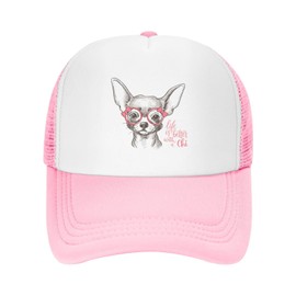 VunKo Mesh Dad Hat Adjustable Washed Kawaii Chihuahua Cartoon Dog Pink Baseball Dad Cap Funny Distressed Ball Trucker Cap for Women Men Unisex