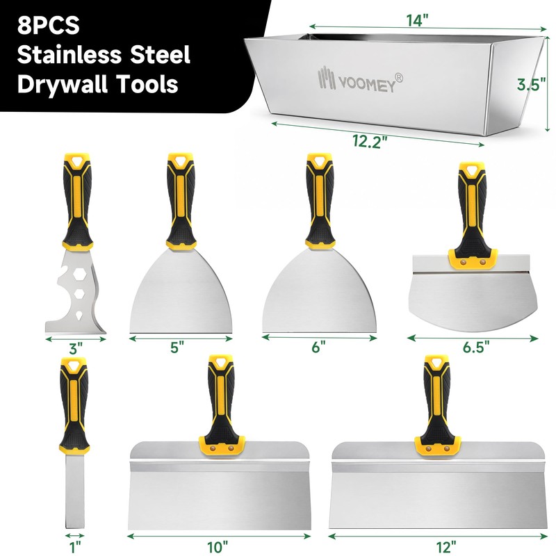 Voomey Drywall Tool Kit 8Pcs Stainless Steel Putty Knife Set
