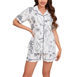 LUBOT 100% Cotton Pyjamas for Women Short Summer Sleepwear Pyjamas Set with Collar Buttons Soft Lightweight Two Piece Pijamas Pjs Leisure Suit Loungewear, flowers, XL