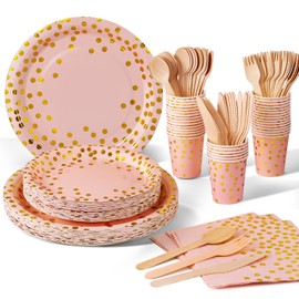 Nkaiso Party Tableware, 140 Pieces Rose Gold Foil Dots Party Supplies Party Tableware Tableware Set Party Paper Cup Plate Napkin Cutlery for Birthday, Wedding, Anniversary Decoration (20 Guests)