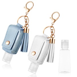 PEOVLVN 2Pcs Hand Sanitizer Keychain, 30ml Portable Leather Hand Sanitizer Holder Travel Size Keychain Hand Sanitizer Case Refillable Bottle for Toiletry Lotion Liquid Soap Shampoo (Blue, White)