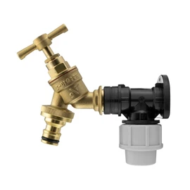 MDPE Compression Wall Flange Plate + Hozelock Compatible Quick Connect Tap 25mm (Brass Bib Tap - QuickConnector)