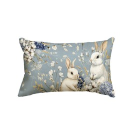Easter Bunny Blue Throw Pillow Cover, 12 x 20 Inch Hydrangea Rabbits Cushion Case Decoration for Sofa Couch