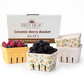 BIEN BEAU Ceramic Berry Basket, Farmhouse Colander, Farmers Market square Bowl. Rustic Kitchen decor fruit bowls, Fruit Baskets, Yellow, White and floral pattern Stoneware Harvest Bowls Set of 4
