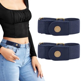 No Buckle Stretch Belt for Women/Men—2 Pack Elastic Invisible Belt for Jeans, B-blue+blue, Fits 2 loop size 4"-7"