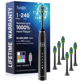 7AM2M Cepillo de dientes eléctrico ultrasónico con 6 cabezales de cepillo para adultos y niños, una carga para 120 días, carga USB-C, color negro