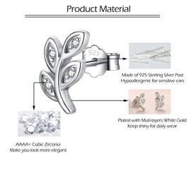 Silver Stud Earrings for Women Girls, Cubic Zirconia Leaf Stud Earrings, Hypoallergenic Climber Earrings Studs Jewellery Gifts for Christmas Birthday