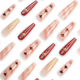 Extra Long Press on Nails Coffin Fake Nails Fall Acrylic Nails Glossy Glue on Nails with 3D Maple Leaves & Rhinestones Designs Glitter Sequins False Nails Red Stick on Nails for Women 24Pcs