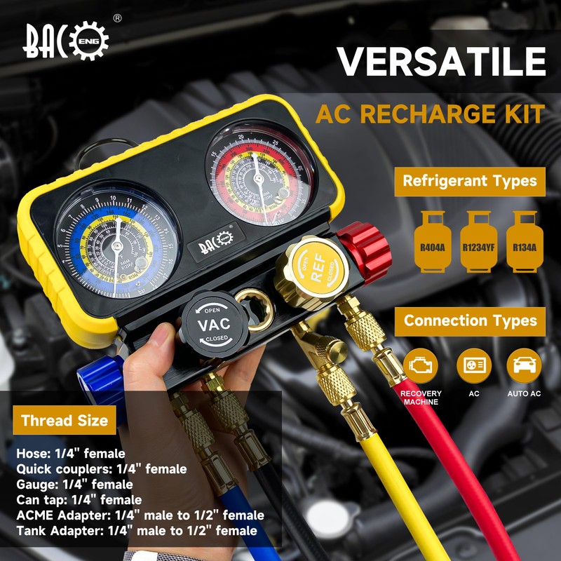 BACOENG AC R1234YF Gauge Set, Automotive 4 Way R1234yf Refrigerant