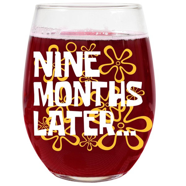 Funny New Mom Wine Glass – “9 Months Later” Design