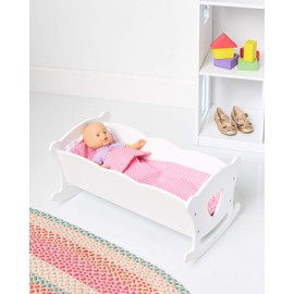 Wildkin Kids Doll Cradle and Bedding Set for Toddler Girls, Wooden Baby Doll Rocking Cradle Includes Pillow and Blanket, Fits Dolls Up To 20 Inches, Compatible with American Girl Dolls (White)