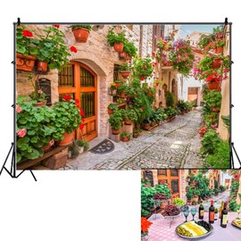 OFILA Italy Old Street Backdrop 10x6.5ft Flowers Towns in Italy Banner Umbria Spello Town Italian Themed Birthday Party Medieval Village Photos Travel Pictures Narrow Alley Photos