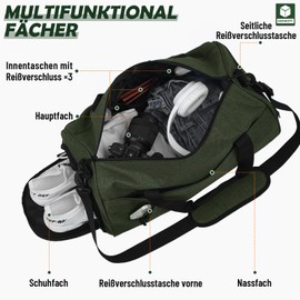 BECOJADDE Sports Bags for Men and Women, 35L Travel Duffel Bag, Overnight Bag with Shoe Compartment & Wet Compartment, Waterproof Carry On Bag for Sports, Gym, Swimming, Army Green, Travel handbag