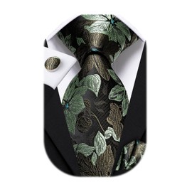 Dubulle Mens Tie Set Paisley Floral Checks Neckties for Men Silk Pocket Square Cufflinks Suit Wedding,Sage Green