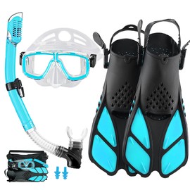 DiVLMT Snorkeling Gear for Adults with Fins Scuba Diving Gear Adult Prodessional Travel Snorkel Sets with Flippers,Anti-Fog Anti-Leak Diving Mask (Sky-Blue, US Men 9-13 | US Lady 10-14)