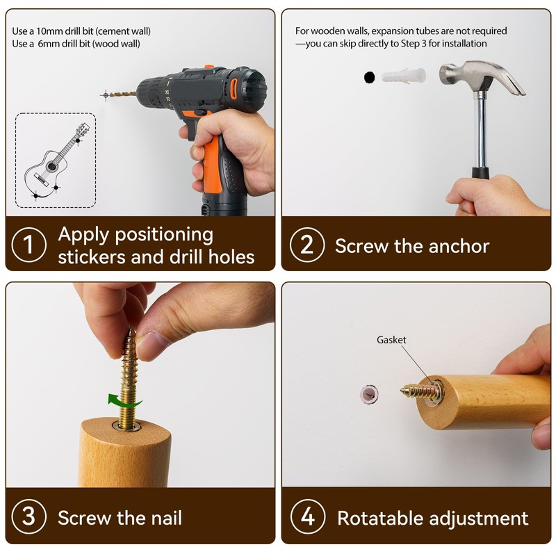 Acoustic Horizontal Guitar Hangers for Wall Wooden Wall Mount (Wood