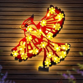 Metal Cardinal Outdoor Wall Decor with 30 Led Solar Lights- 15.9" Outdoor Fence Wall Art Decor, Gift for Mom Grandma Women Birthday Gardening,Hanging Decoration for Garden Patio Porch Yard