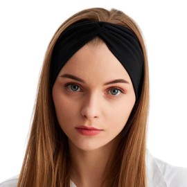 BABYGIZ Women's Stretchy Twist Soft Cotton Headbands, Solid Colour, Non-Slip Fashion Sports Hair Bands for Women Yoga, Workout, Running (Black, 1 Size)