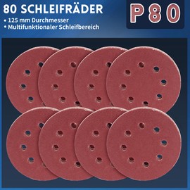 Pack of 80 Sandpaper 125 mm Velcro, Sanding Discs 5 in 8 Hole, 80 Grit, Wall Sanders for Wood, Metal, Plastic, Accessories for Power Tools