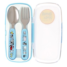 Tyrrell Katz Kids 2 Piece Cutlery Set in Blue with Farm Print and Carry Case - Stainless Steel Fork and Spoon - Dishwasher Safe Children's Flatware