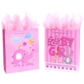 12.5" Medium Baby Gift Bags with Tissue Papers for Baby Showers 2-Pack (Pink)