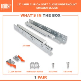 TOUCH 12" Undermount Soft Close Drawer Slides – 1 Pair (305mm) – Bottom Mount Ball Bearing Glides with 3D Adjustable Lock – 75 lb Capacity – Cold-Rolled Steel – TCH-23104