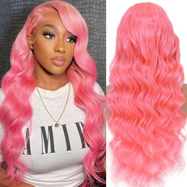 Pink Lace Front Wigs Human Hair 13x6 Body Wave Lace Front Wig Human Hair Pre Plucked 180% Density Hot Pink Hd Full Lace Frontal Wig Wear and Go Glueless Pink Wig Human Hair For Women 20 Inch