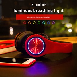 Bluetooth Headphones LED Lights, Colorful Wireless Over Ear Headset for Kids, Built-in Mic, HIFI Stereo Foldable Lightweight Wired Headphones, for Classroom, Home, Gift, Tablet, Adult, Game(Red)