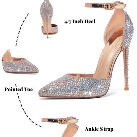 Zhabtuc High Heels, Women Pumps D'Orsay Ankle Strap Pointed Toe Stiletto Heels Rhinestone Party Wedding Shoes, Champagne Gold Rhinestone, 7 UK