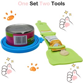 3 Pcs Dog Food Can Covers Lids, 1 Pcs Cat Treats Feeder, Universal Size Pet Food Can Lids, Fit 3 Standard Pet Food Cans, Squeezable Creamy Purée Cat Treat Spoon, Green/Blue/Pink Lids, Green Feeder