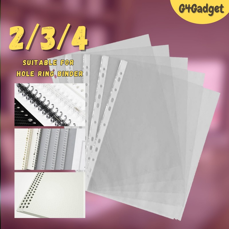 50 Pcs A4 Plastic Punched Punch Pockets 30 Micron for