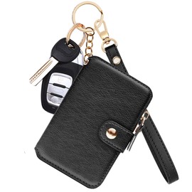 M-Plateau Womens Wallet Leather Keychain Wallet With Zipper Coin Pocket ID Window Wrist Strap Gift Box, Black, Small