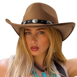 DRESHOW Women Men Classic Felt Wide Brim Western Cowboy & Cowgirl Cap Belt Buckle Retro Panama Hat Unisex Rolled up Caps Stetson Hat