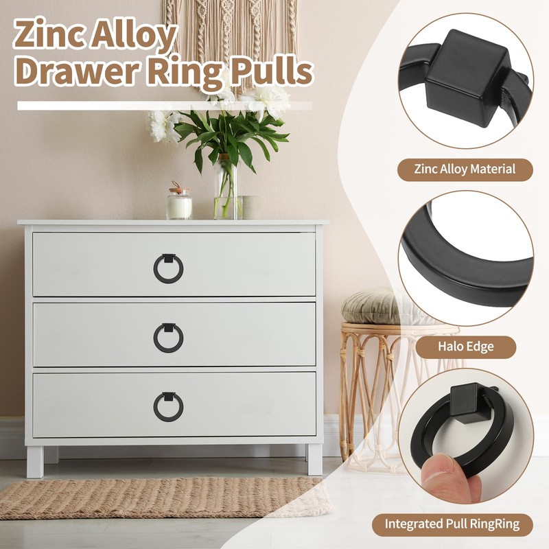 PATIKIL 4Pack Drawer Ring Pull Handles, 1.57" Zinc Alloy Hole